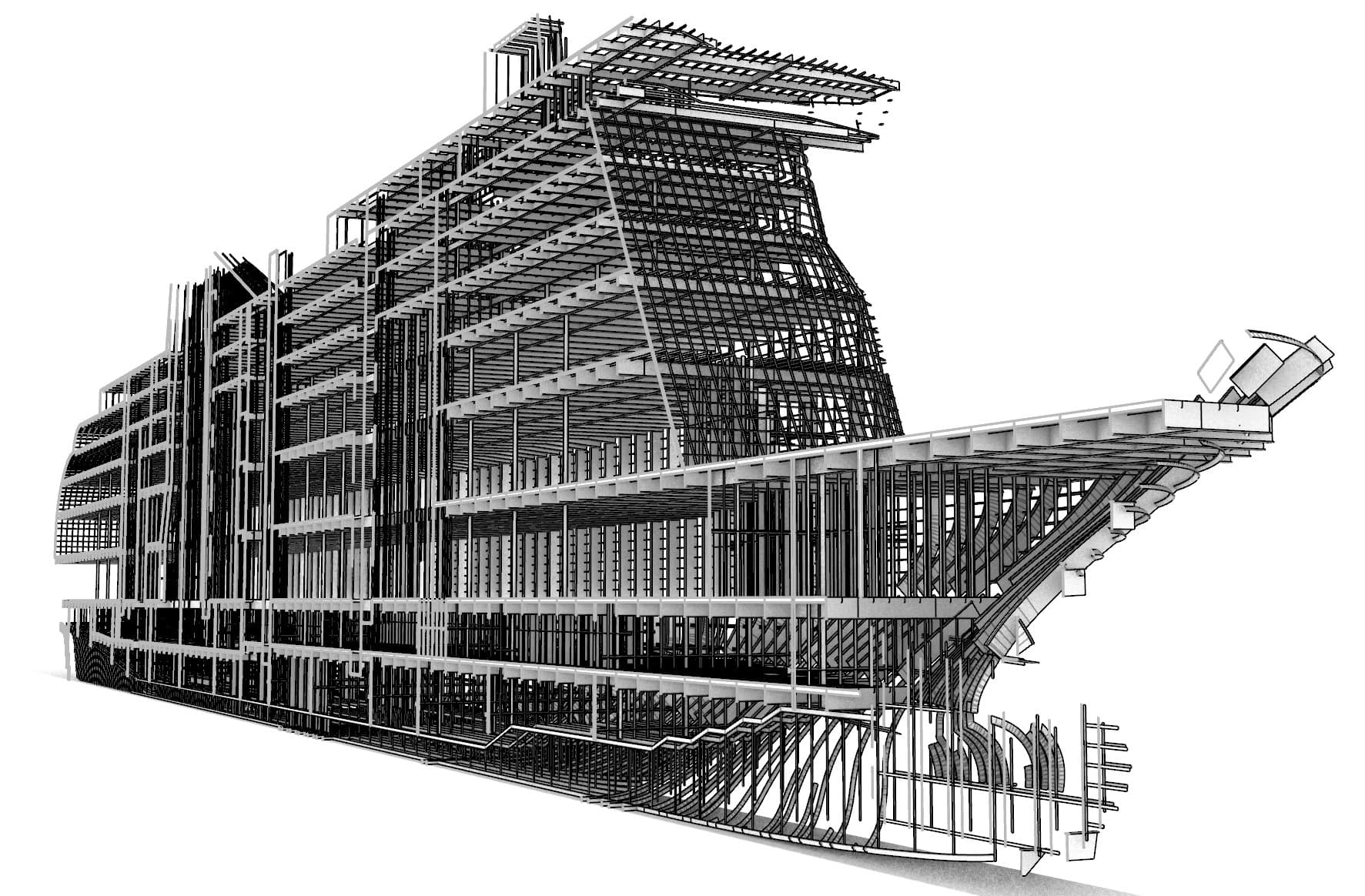 RoPax vessel isometric wireframe clipped at centerline showing structural complexity